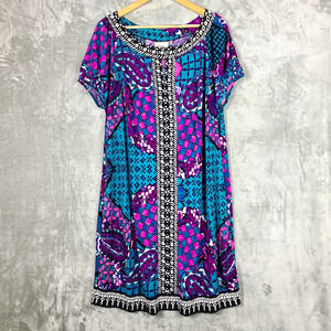 Beige By Eci Shift Dress Purple Blue Stretch Abstract Beaded Trim Boho Size 18W